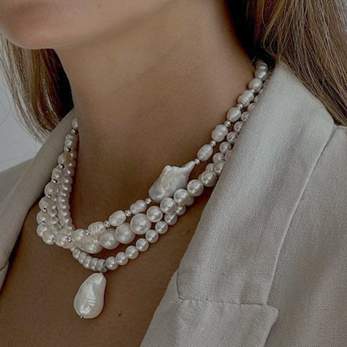 18K Gold Baroque Pearl Chain Statement Pendant Necklace