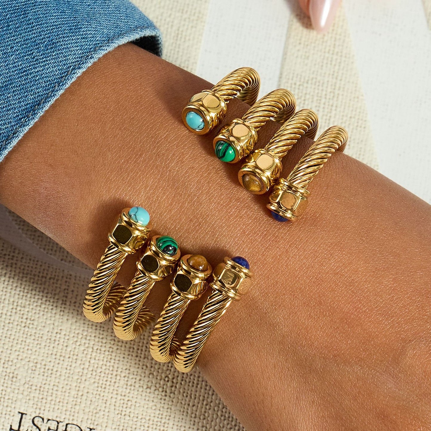 18K Gold Natural Stone Twisted Ribbed Cuff Bangle Bracelet