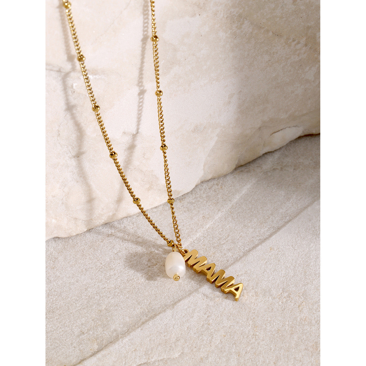18K Gold MAMA Pearl Charm Pendant Necklace