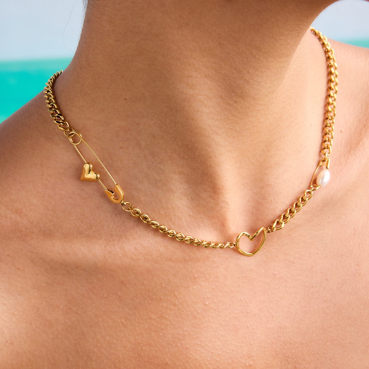 18K Gold Heart Safety Pin Pearl Cuban Curb Chain Necklace
