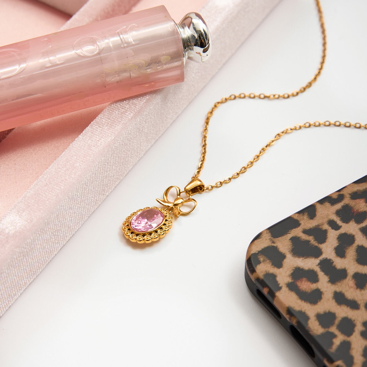 18K Gold Pink Majesty Bow Pendant Necklace