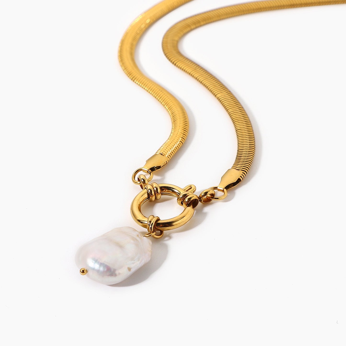 18K Gold Herringbone Snake Chain Pearl Pendant Charm Necklace