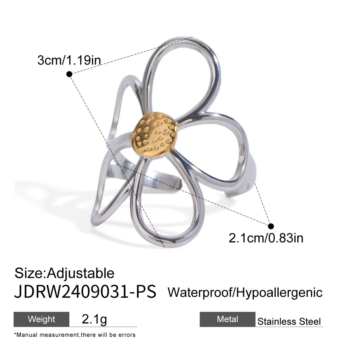 18K Gold Two Tone Daisy Flower Silver Ring