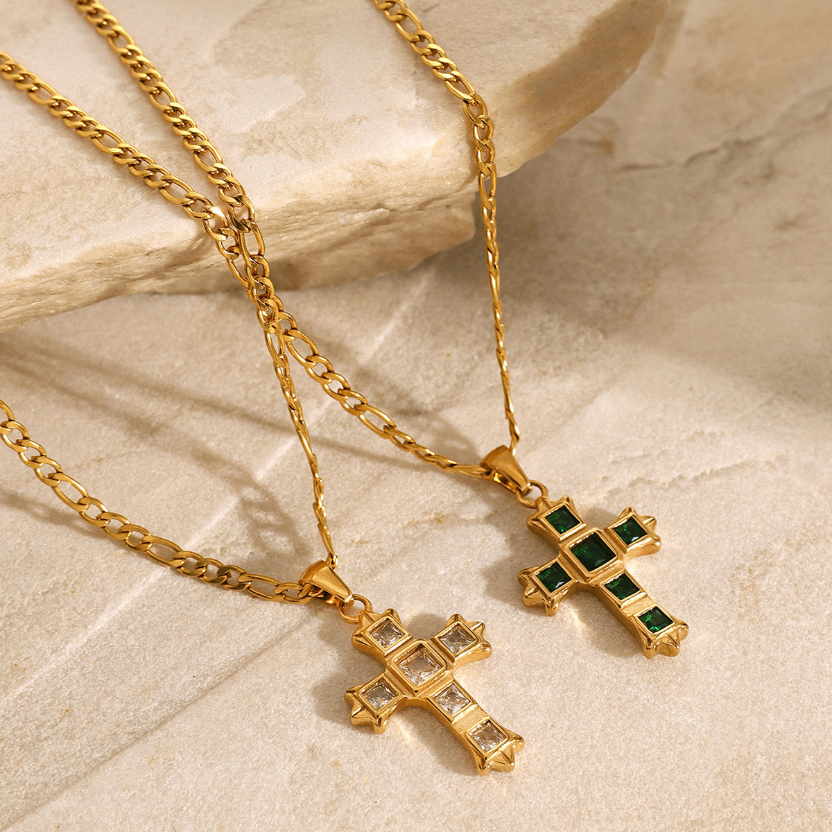 18K Gold Gemstone Cross Pendant Figaro Chain Statement Necklace