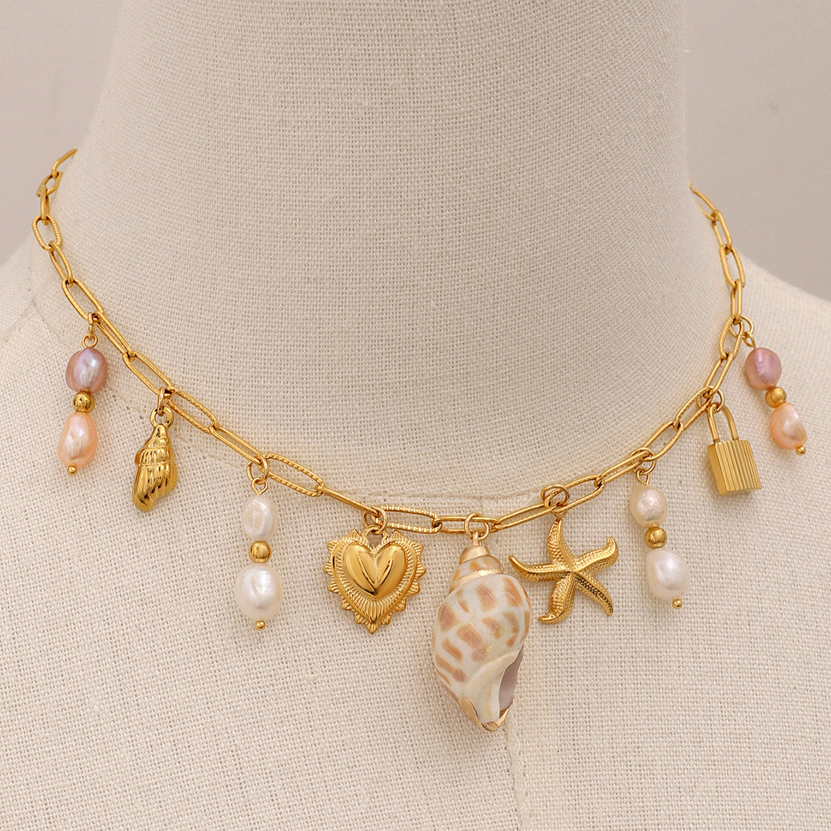 18K Gold Summer Seashell Pearl Statement Charm Necklace