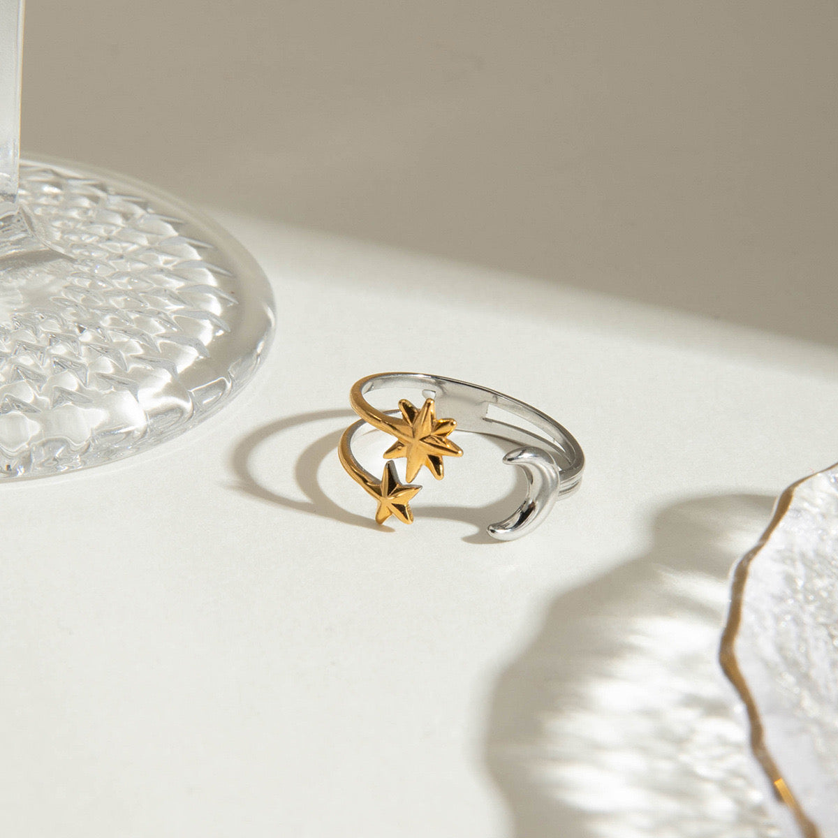 18K Gold Star and Moon Two Tone Silver Ring