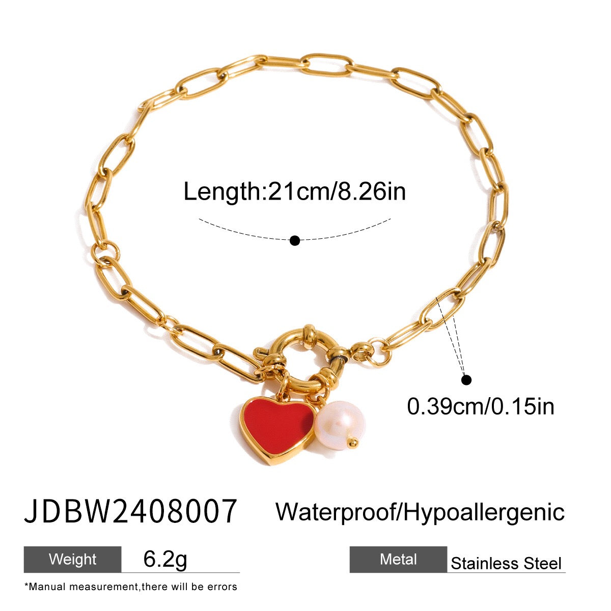 18K Gold Heart Chain Charm Bracelet