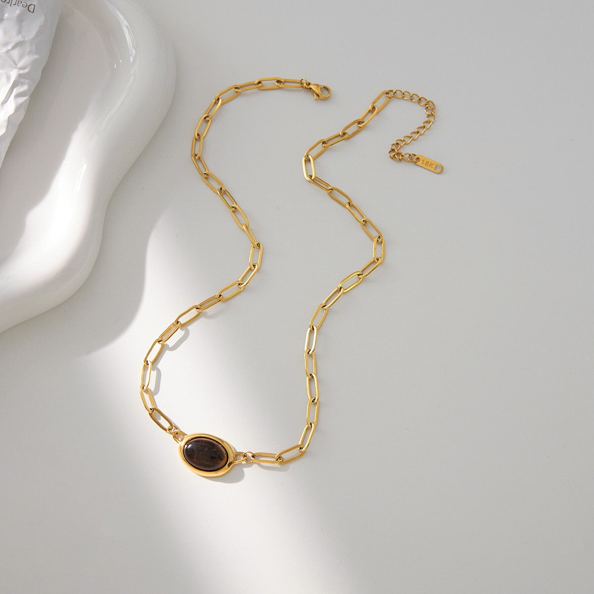 18K Gold Tiger Eye Paperclip Chain Herringbone Choker Layered Necklace Set