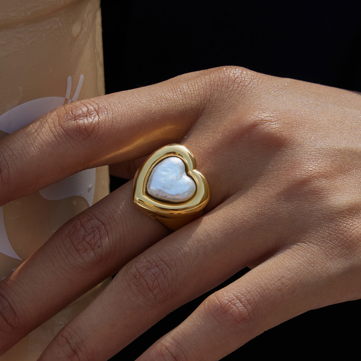 18K Gold Pearl Heart Statement Ring