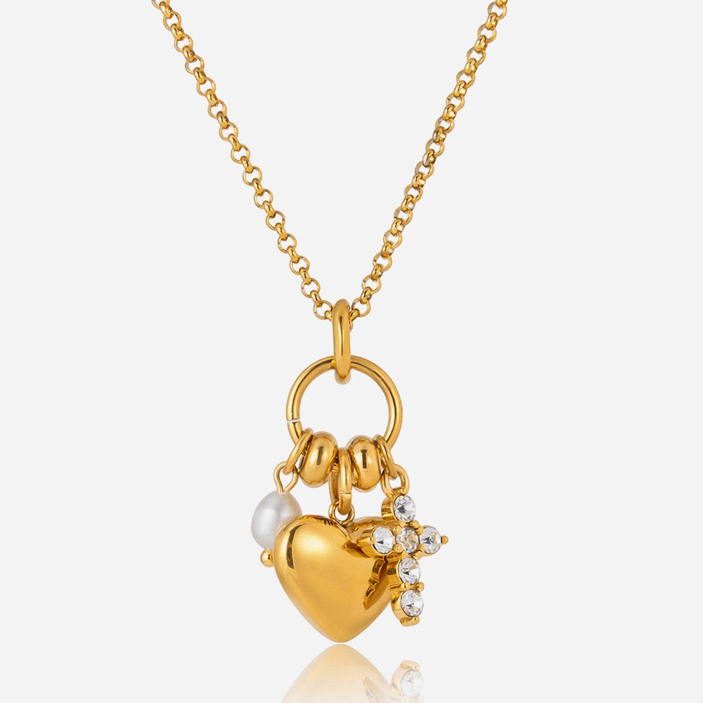 18K Gold Sinfully Yours Heart Cross Pearl Charm Necklace
