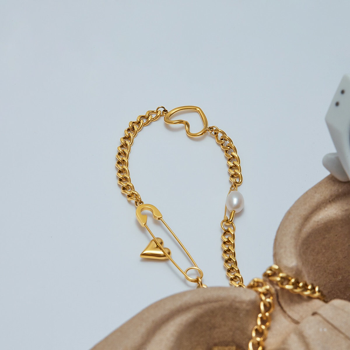 18K Gold Heart Safety Pin Pearl Cuban Curb Chain Necklace