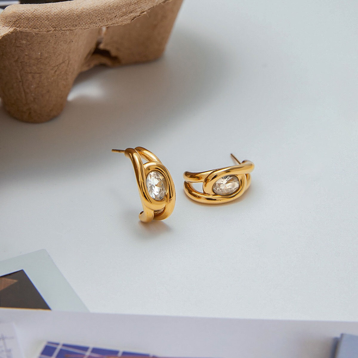 18K Gold Bling Statement Huggie Earrings Ear Cuff Set