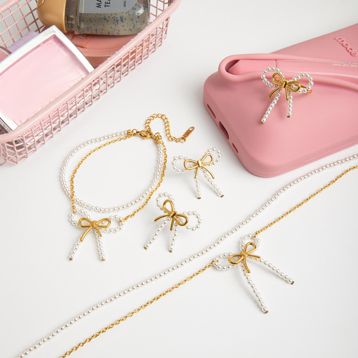 18K Gold Coquette Bow Pearl Pendant Double Chain Layered Necklace Set