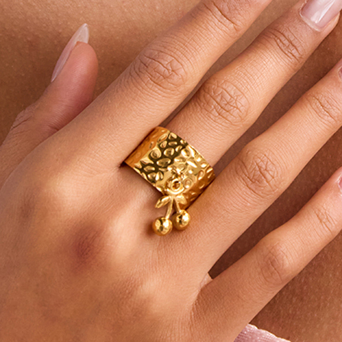 18K Gold Cherry Charm Band Ring