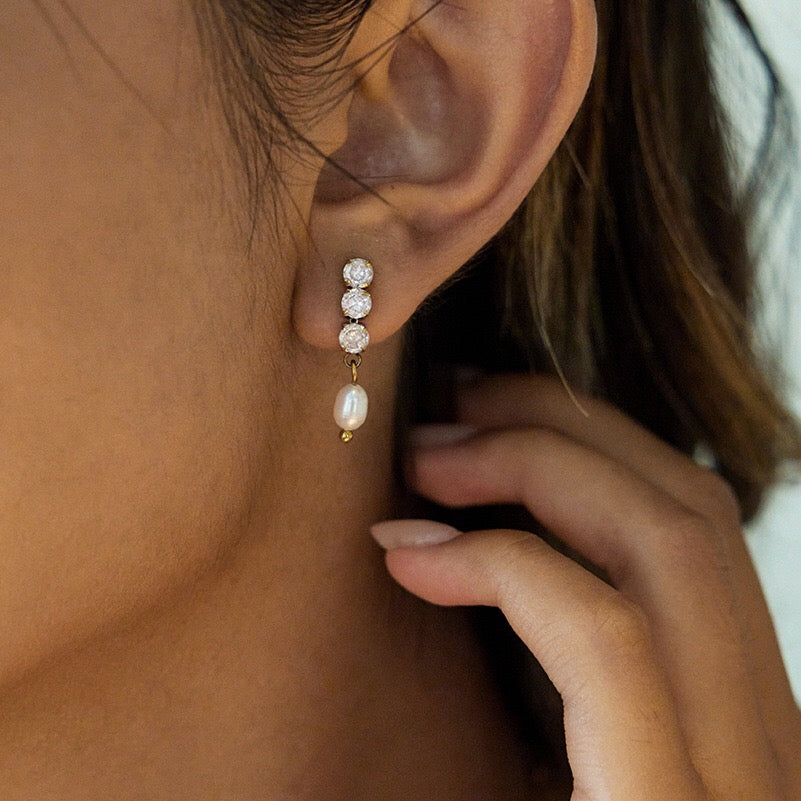 18K Gold Eternal Grace Tennis Pearl Stud Dangle Earrings