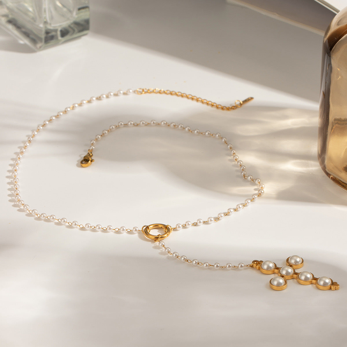 18K Gold Pearl Cross Pendant Lariat Necklace