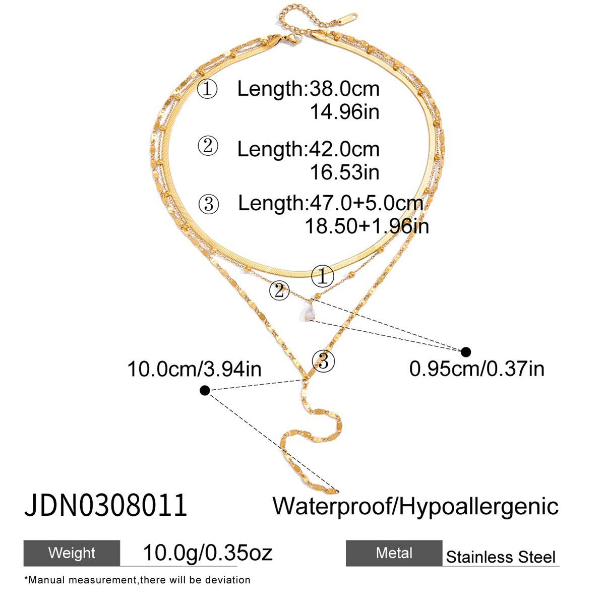 18K Gold Cascade Herringbone Snake Chain Lariat Layered Necklace Set