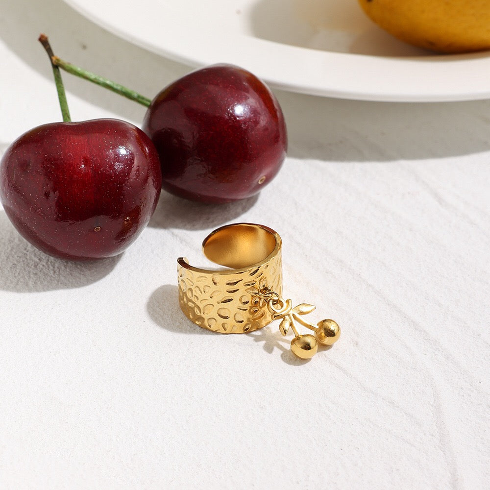 18K Gold Cherry Charm Band Ring