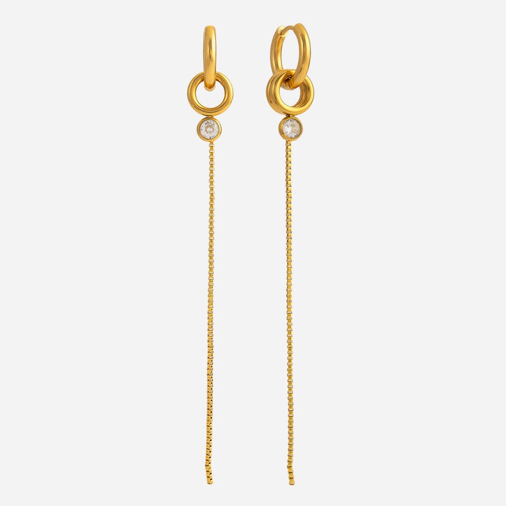 18K Gold Elite Long Drop Small Hoop Huggie Earrings