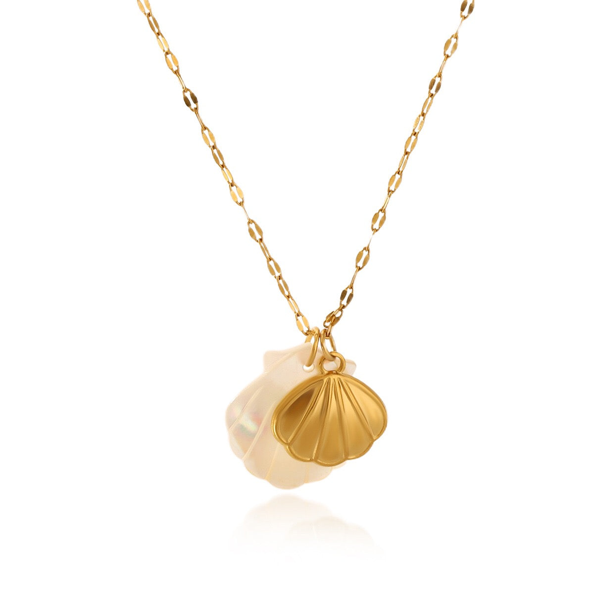 18K Gold Mother of Pearl Seashell Ocean Charm Pendant Necklace