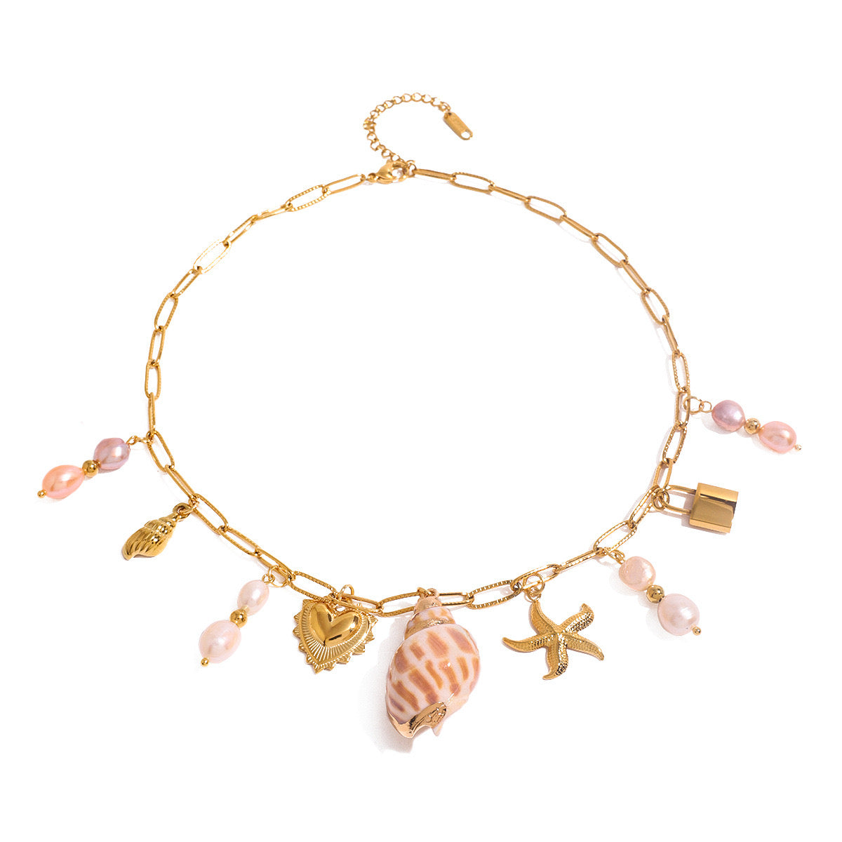 18K Gold Summer Seashell Pearl Statement Charm Necklace