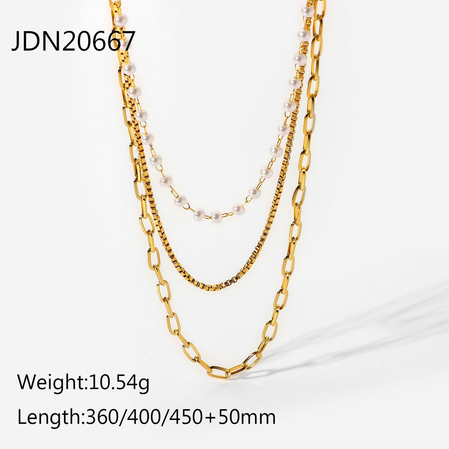 18K Gold Paperclip Box Chain Pearl Layered Necklace