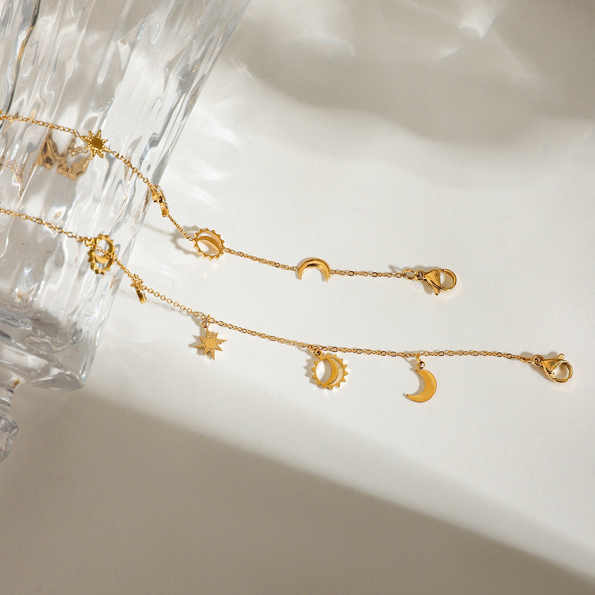 18K Gold Moon and Star Celestial Charm Chain Bracelet