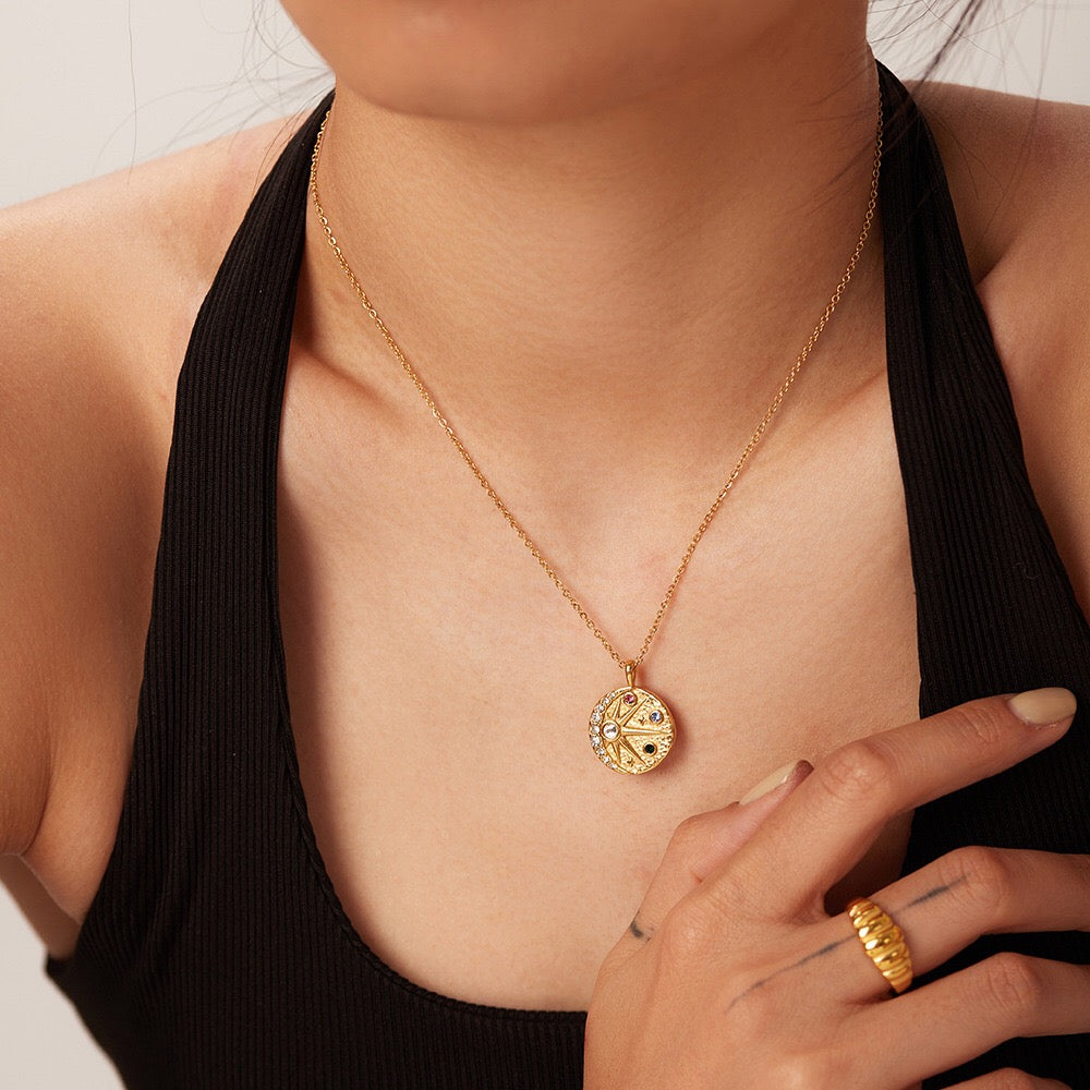18K Gold Celestial Coin Pendant Necklace