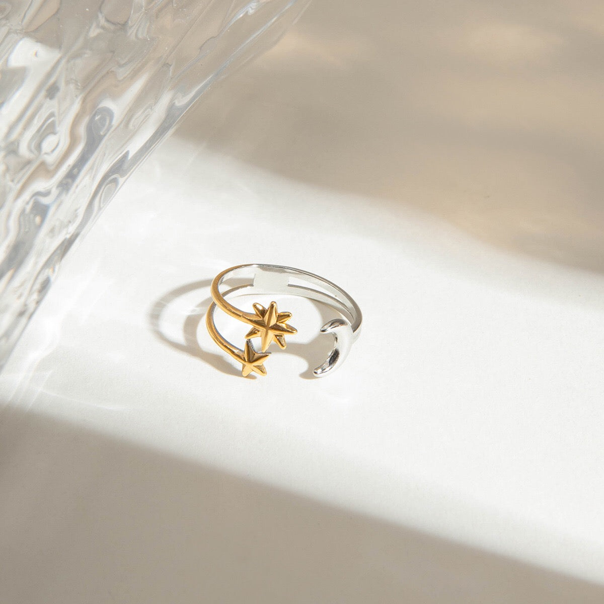 18K Gold Star and Moon Two Tone Silver Ring