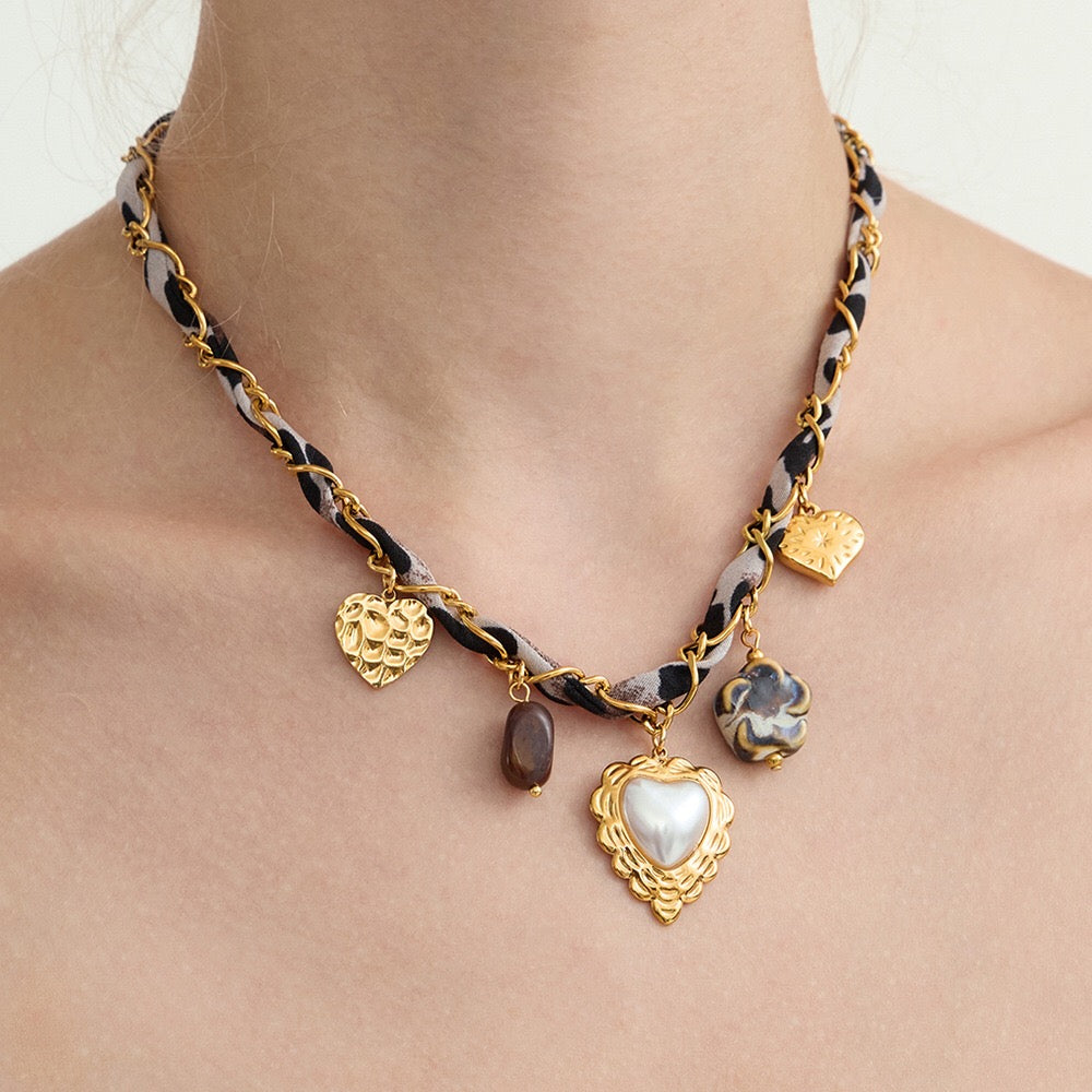 18K Gold Cinnamon Kiss Pearl Heart Ribbon Chain Charm Necklace