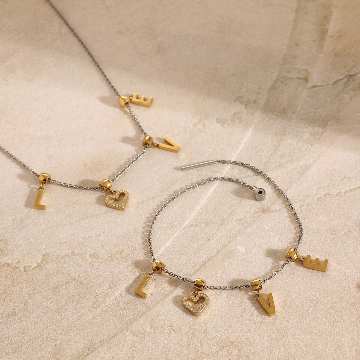 18K Gold Two Tone LOVE Pendant Heart Bracelet