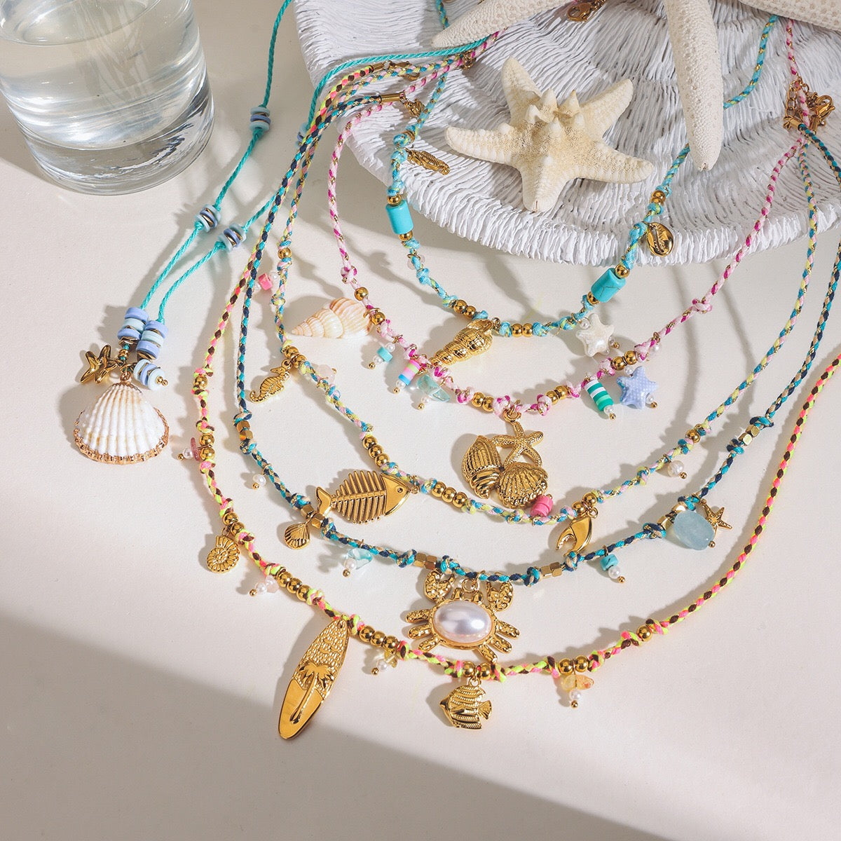 18K Gold Color String Ocean Themed Charm Necklace