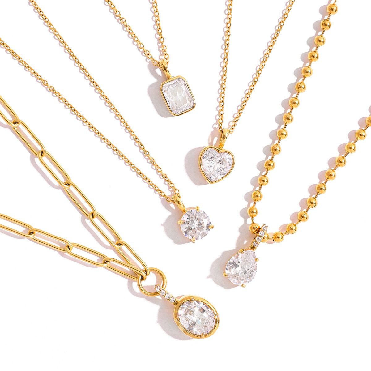 18K Gold Minimal Glow CZ Pendant Paperclip Beaded Chain Layered Necklace Set
