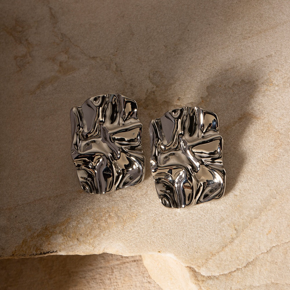 18K Gold Textured Plate Statement Stud Earrings
