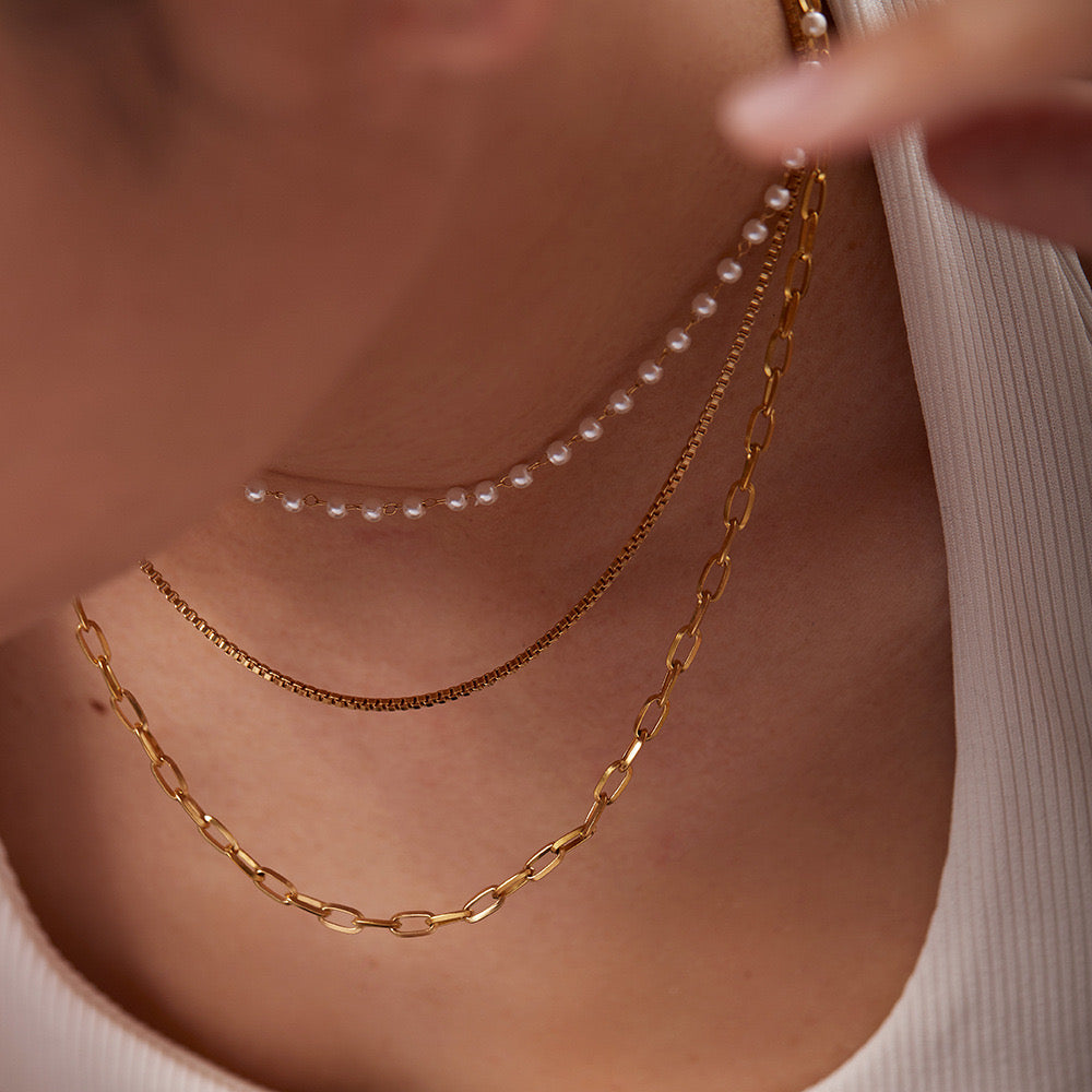 18K Gold Paperclip Box Chain Pearl Layered Necklace