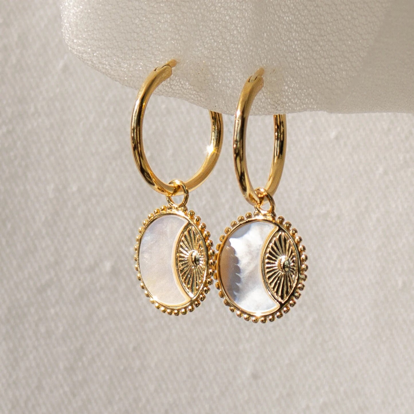 18K Gold Sun Coin Small Hoop Huggie Earrings with Charm