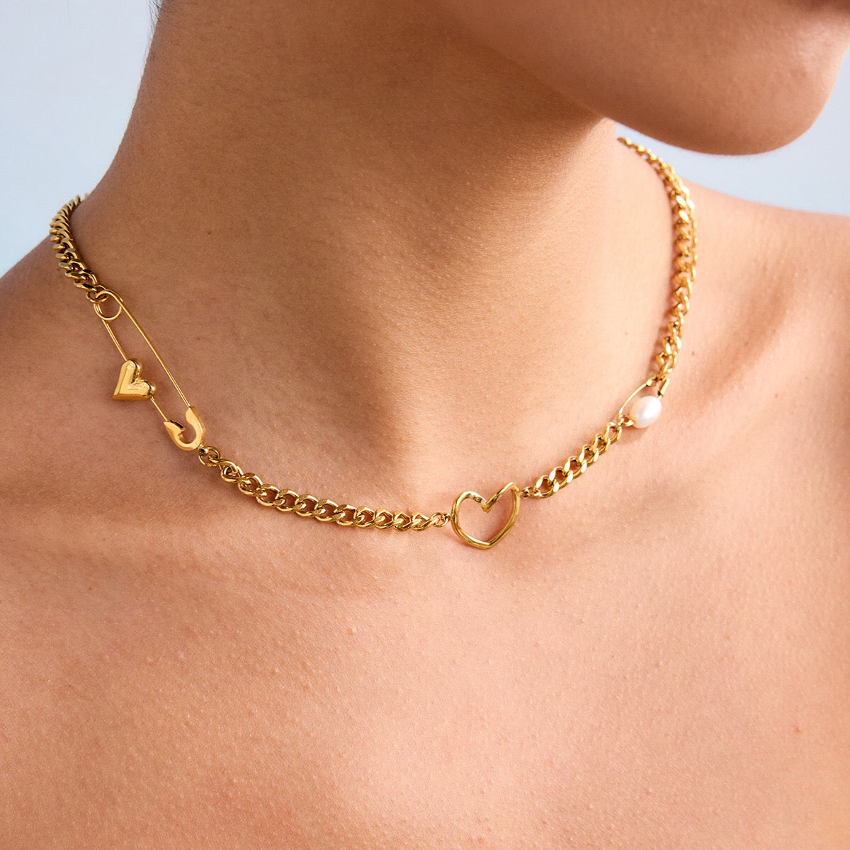 18K Gold Heart Safety Pin Pearl Cuban Curb Chain Necklace