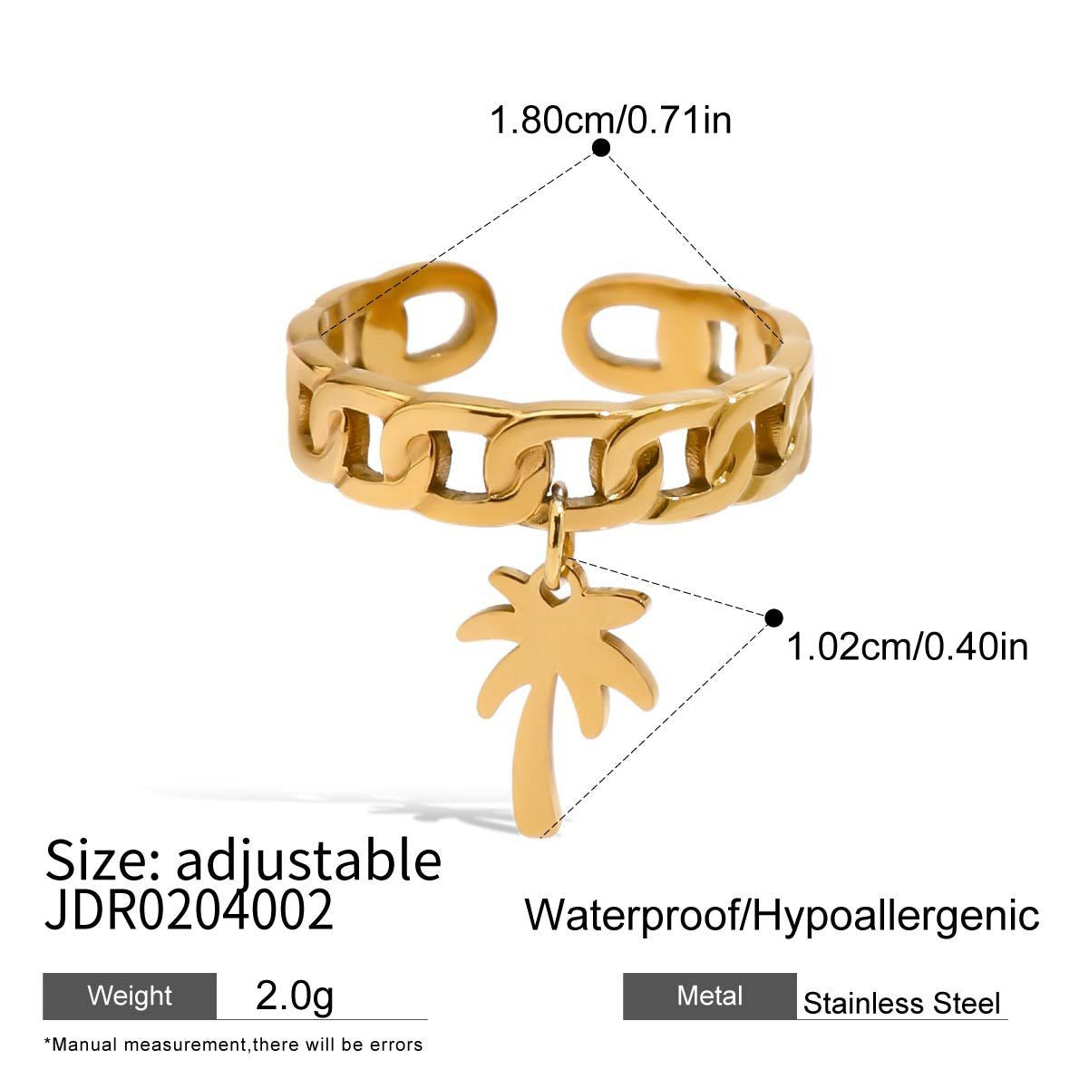 18K Gold Heart Palm Tree Charm Chain Band Ring