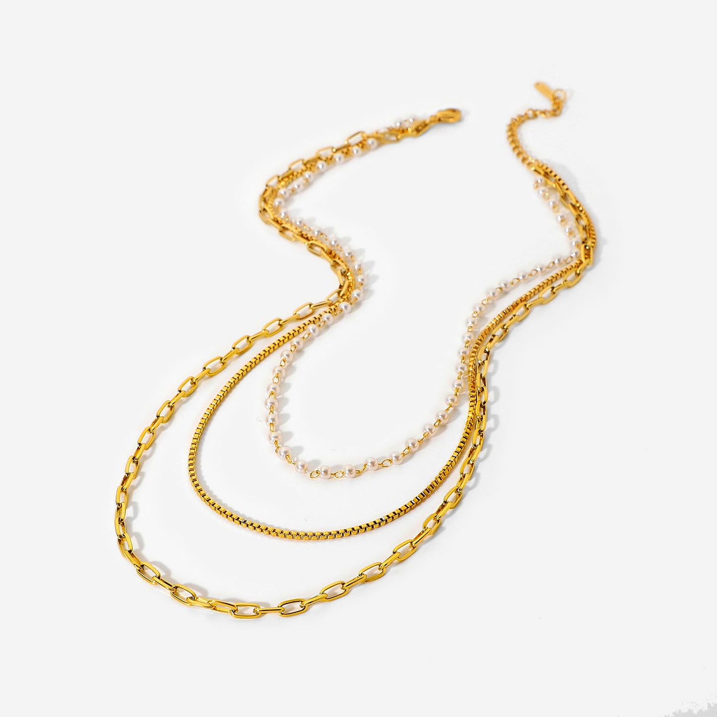18K Gold Paperclip Box Chain Pearl Layered Necklace