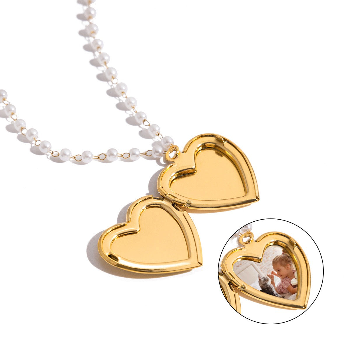 18K Gold Flower Heart Locket Pendant Pearl Chain Necklace