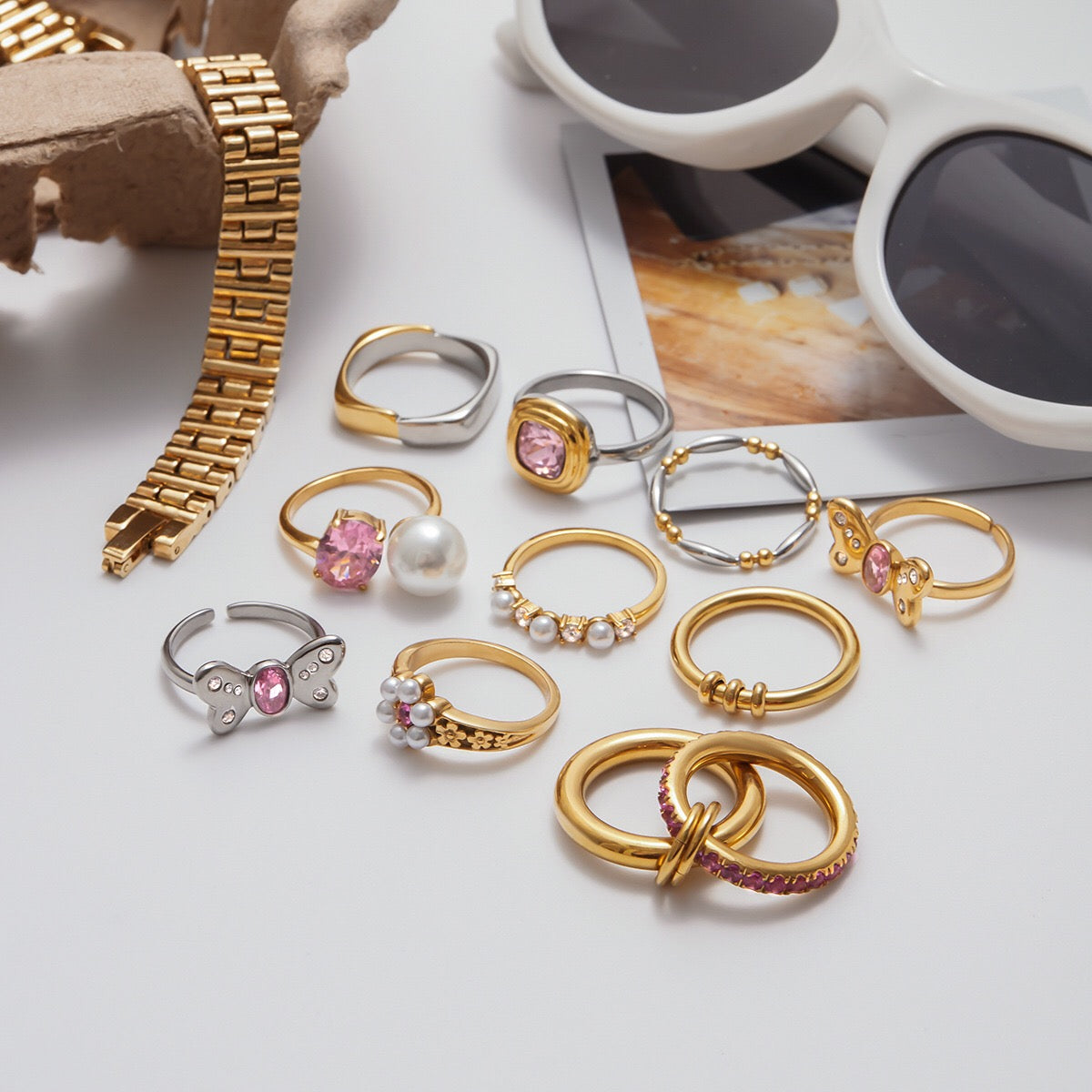 18K Gold Pink Princess Statement Stacking Rings