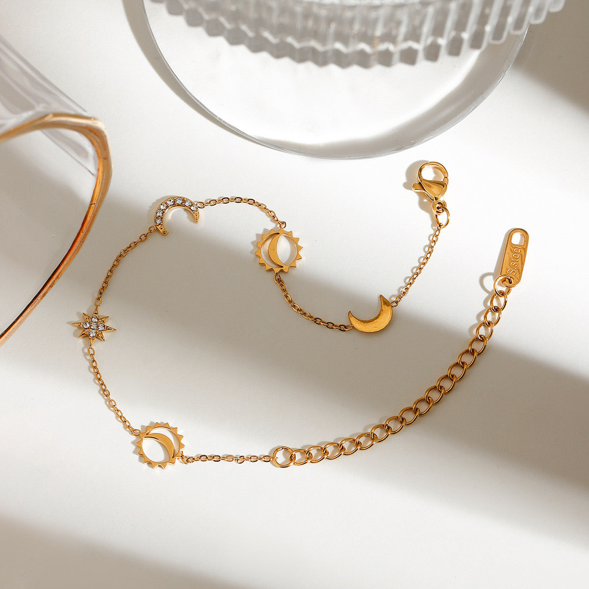 18K Gold Moon and Star Celestial Charm Chain Bracelet