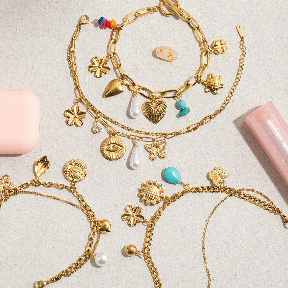 18K Gold Summer Fling Turquoise Chunky Charm Bracelet
