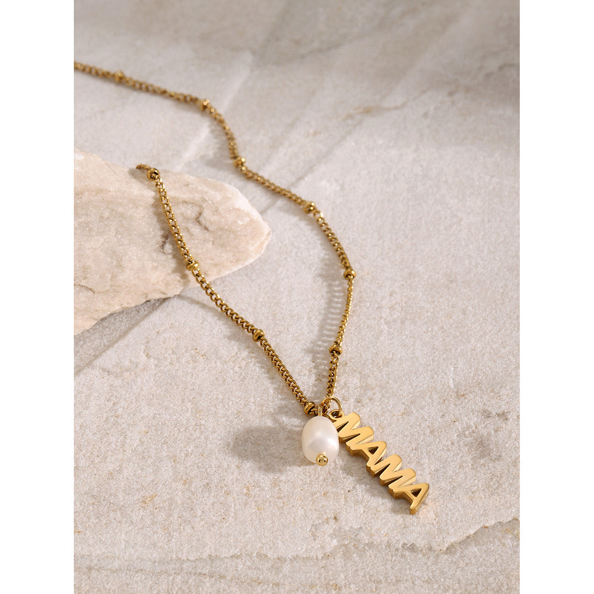 18K Gold MAMA Pearl Charm Pendant Necklace