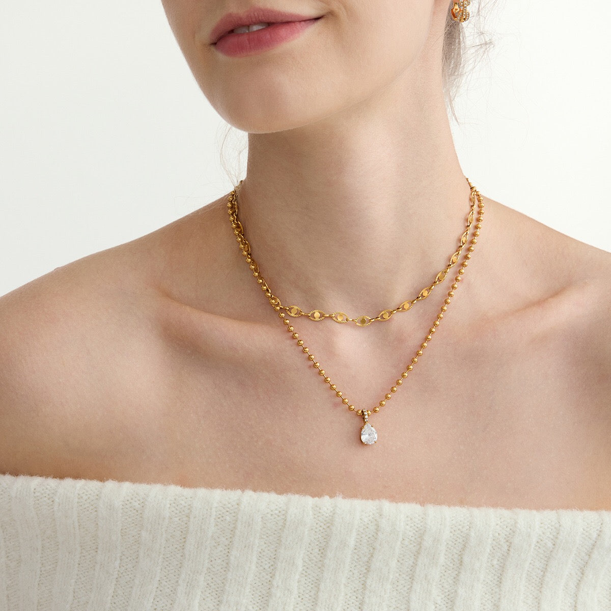 18K Gold Minimal Glow CZ Pendant Paperclip Beaded Chain Layered Necklace Set