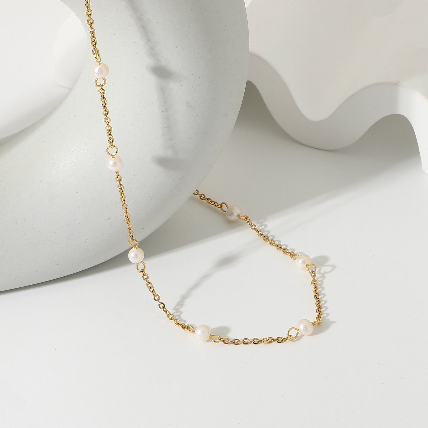 18K Gold Elegant Dainty Pearl Chain Choker Necklace