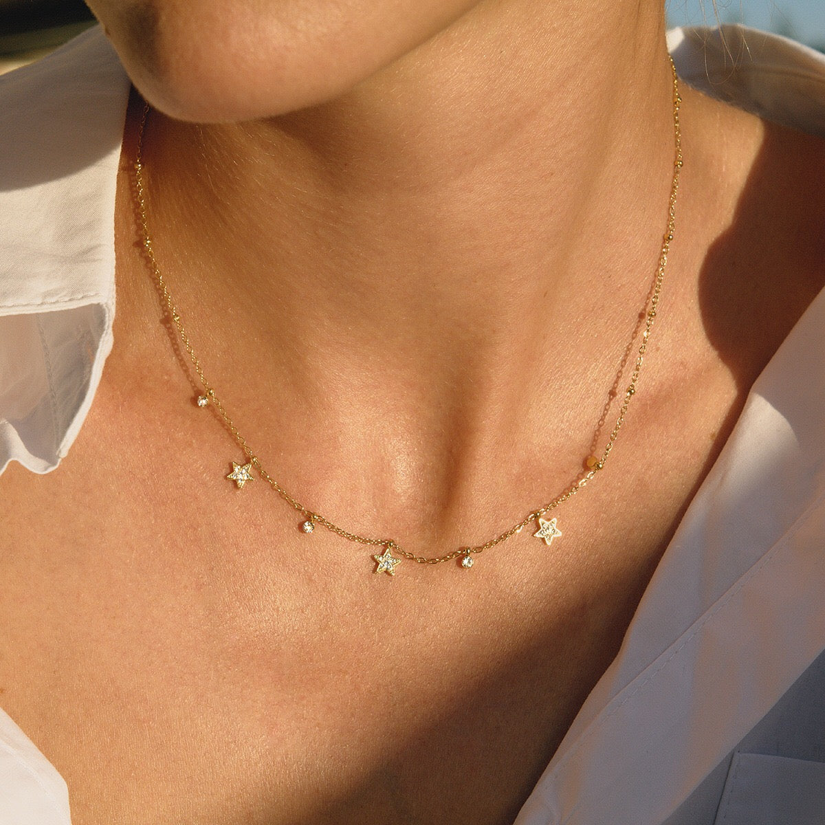 18K Gold Tempting Shimmer Heart Star Dainty Chain Necklace