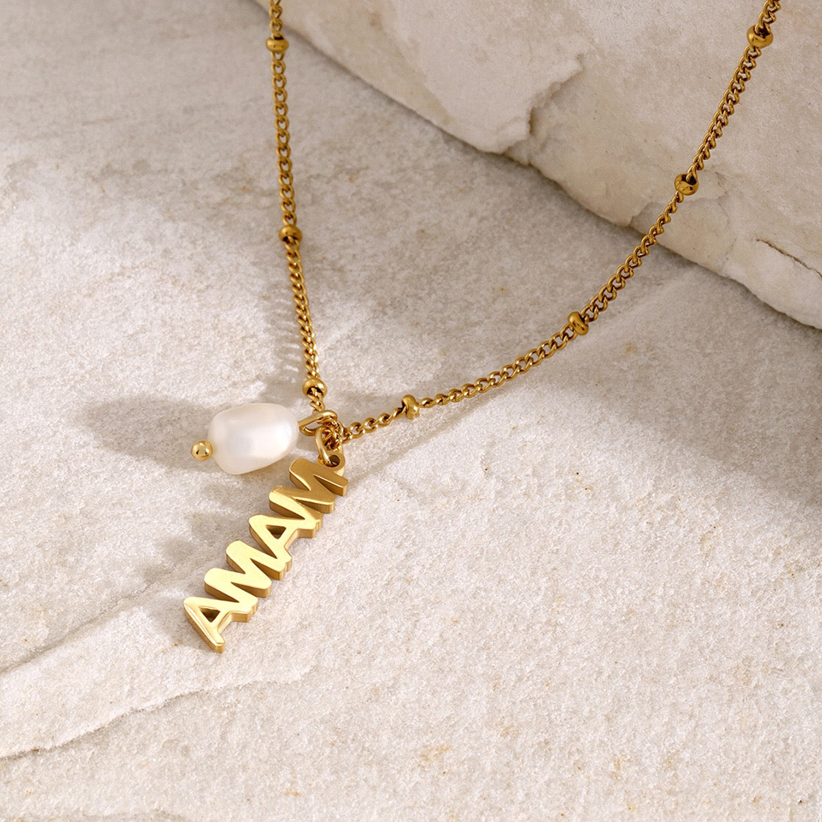 18K Gold MAMA Pearl Charm Pendant Necklace