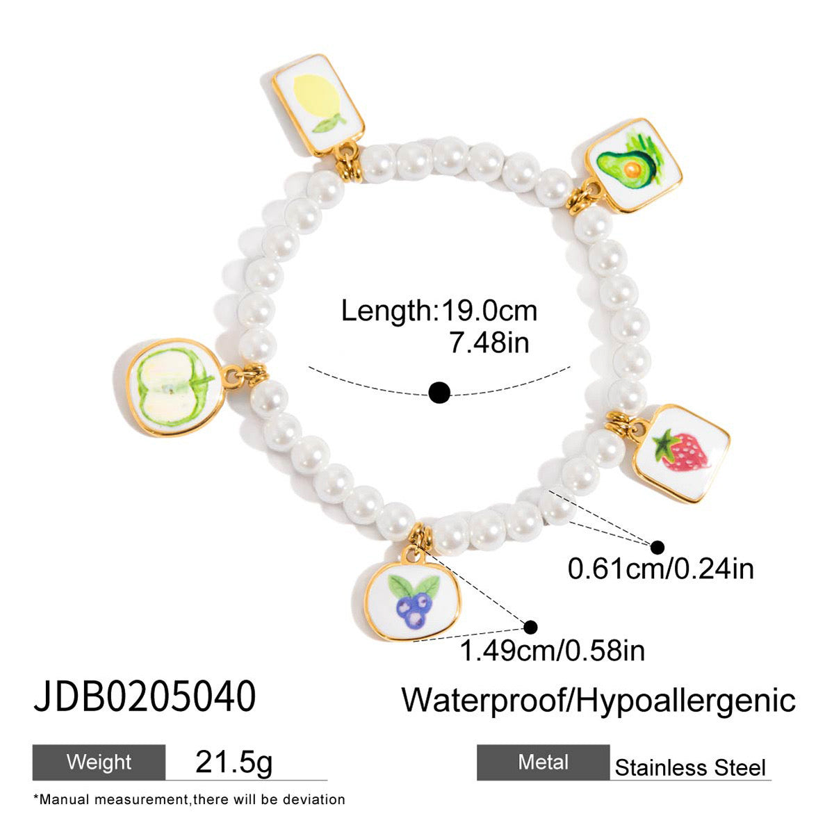 18K Gold Tropical Fruit Charm Pearl Chain Bracelet Stack