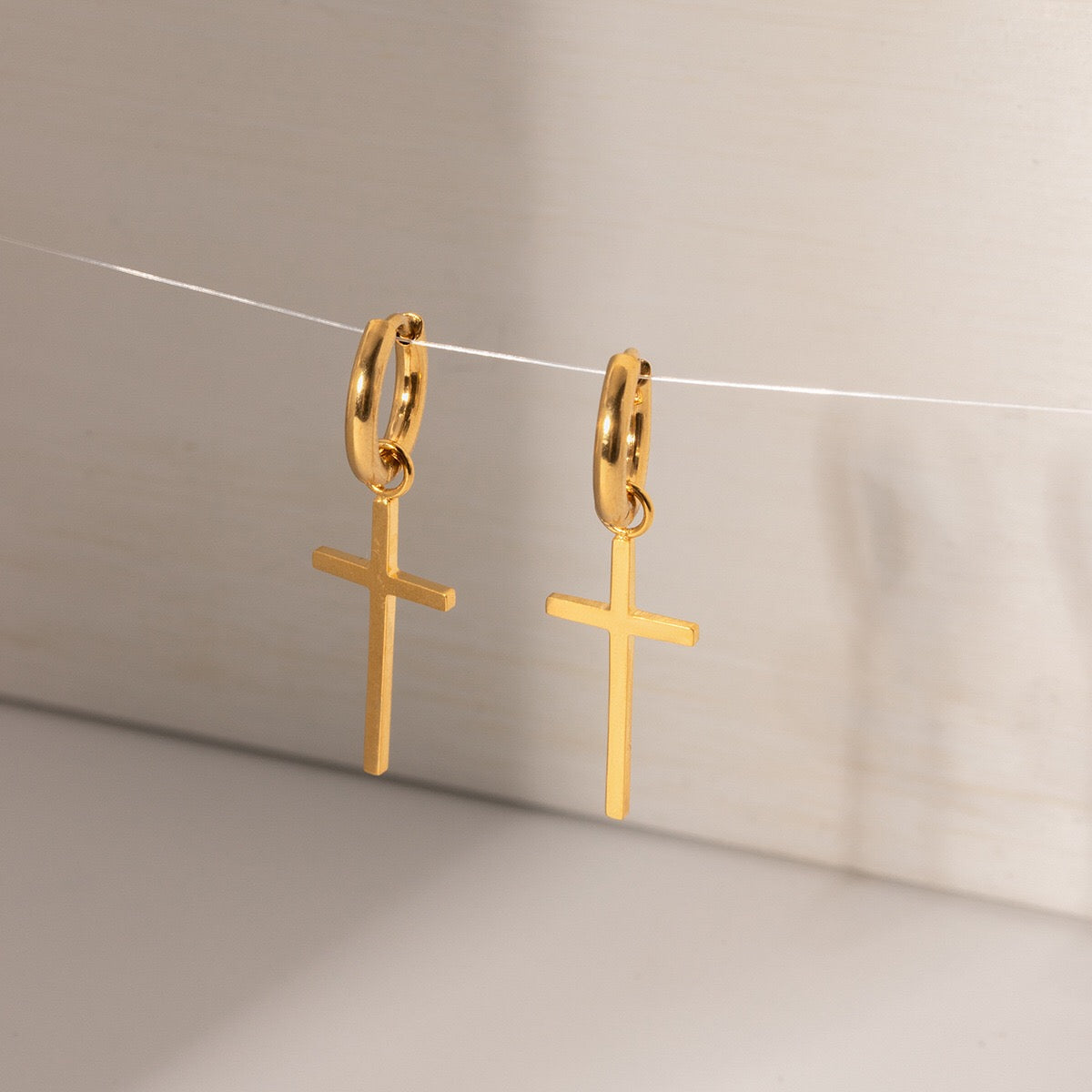 18K Gold Minimalist Cross Huggie Earrings With Charm